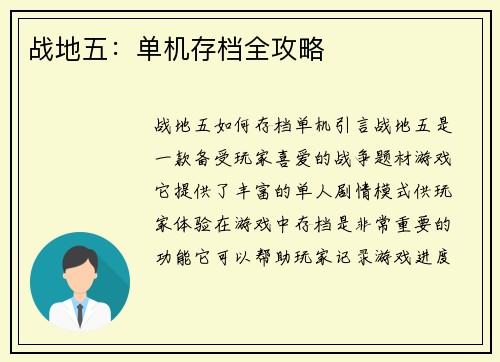 战地五：单机存档全攻略